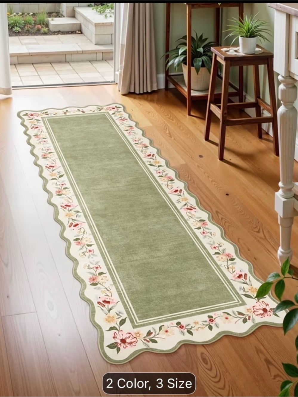Green Floral Scalloped Runner Rug 2x6ft